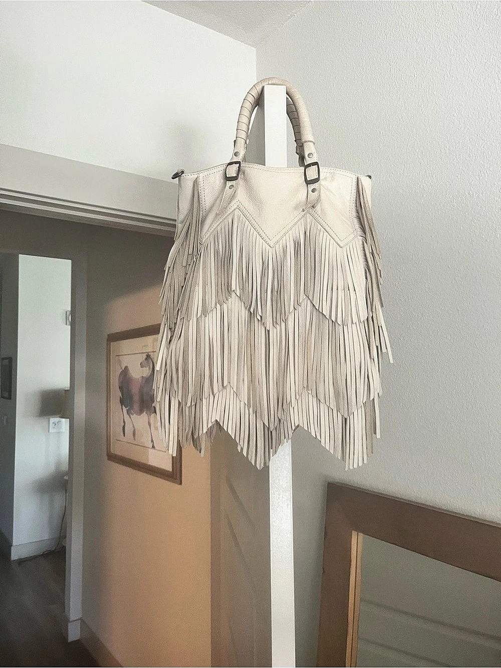 Sam Edelman Fringe Leather Tote Bag Cream